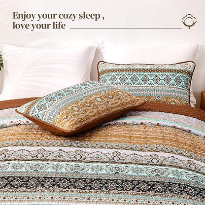 WONGS BEDDING Boho Fall Quilt Set Full, Brown Bohemian Quilt Bedding Set, Ultra Soft Lightweight Bedspread for All Season Reversible Microfiber Coverlet Bedding Set 90"x78"(3 Pieces)