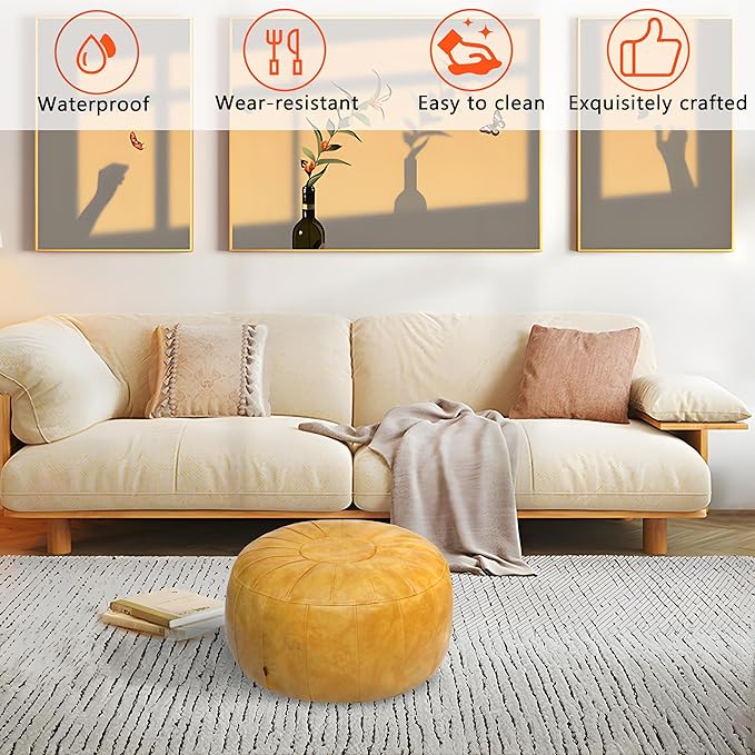 Thgonwid Unstuffed Moroccan Storage Pouf Foot Stool Ottoman Seat Handmade Faux Leather Bean Bag Floor Chair Foot Rest for Living Room, Bedroom or Balcony (Yellow)