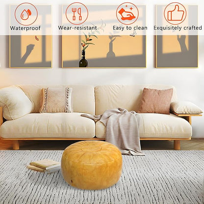 Thgonwid Unstuffed Moroccan Storage Pouf Foot Stool Ottoman Seat Handmade Faux Leather Bean Bag Floor Chair Foot Rest for Living Room, Bedroom or Balcony (Yellow)