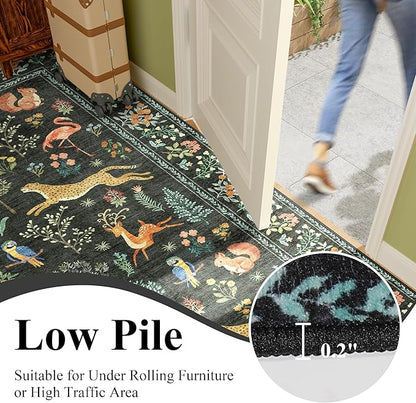 DUKINO 2x10 Rug for Hallway, Washable Kitchen Runner Rug with Non Slip Backing, Soft Low Pile Vintage Animal Runner for Bedroom, Kitchen, Hallway, Entryway, Laundry, Black