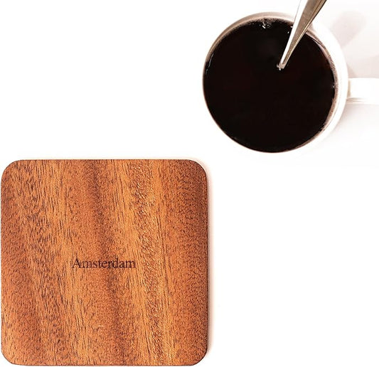 Amsterdam Map Coaster by O3 Design Studio, Set Of 4, Sapele Wooden Coaster With City Map, Handmade