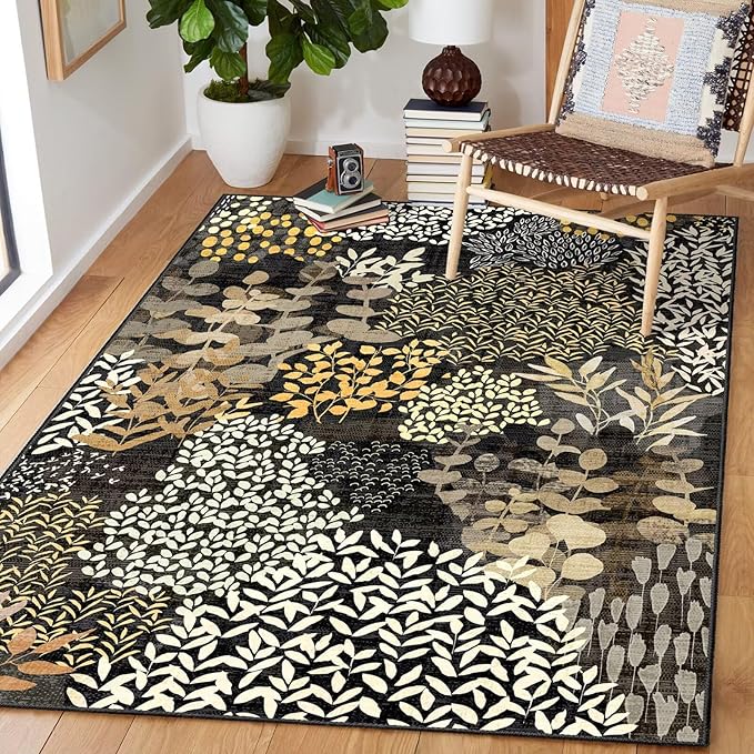DEXDE Washable Area Rug 3x5 for Living Room, Abstract Small Boho Rugs Non Slip Soft Kids Room,Vintage Leaves Floral Carpet for Bedroom Entryway Kitchen Office Dining Room, Black
