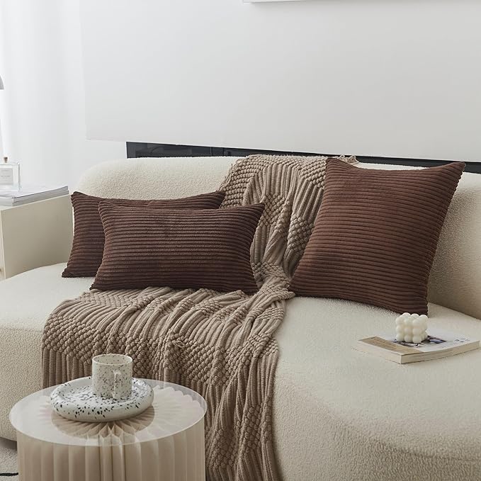 Home Brilliant Brown Couch Pillow Covers Set of 2 Soft Striped Velvet Decorative Throw Pillows Covers 22x22 inch, Cushion Covers for Couch 55x55cm, 22 x 22 Inch, Brown