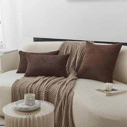 Home Brilliant Brown Couch Pillow Covers Set of 2 Soft Striped Velvet Decorative Throw Pillows Covers 22x22 inch, Cushion Covers for Couch 55x55cm, 22 x 22 Inch, Brown