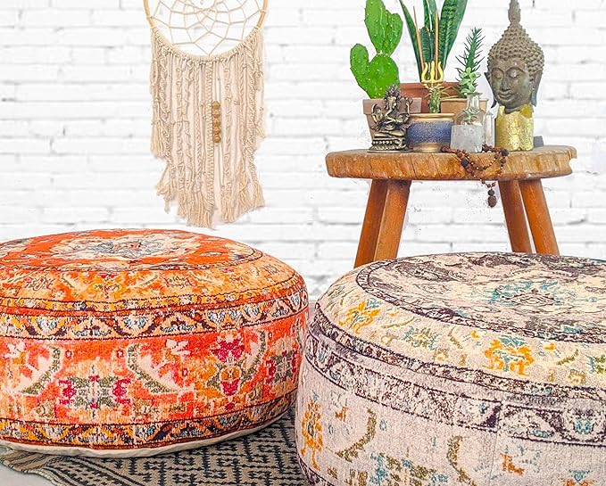 Colorful Pouf Cover Orange Round Orange Floor Pillow Seating Area Stool Boho Room Décor Accent Furniture Perfect for Living Room, Bedroom, Nursary or Children Room Cotton 24x8 Unstuffed