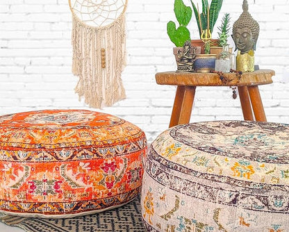 Colorful Pouf Cover Orange Round Orange Floor Pillow Seating Area Stool Boho Room Décor Accent Furniture Perfect for Living Room, Bedroom, Nursary or Children Room Cotton 24x8 Unstuffed