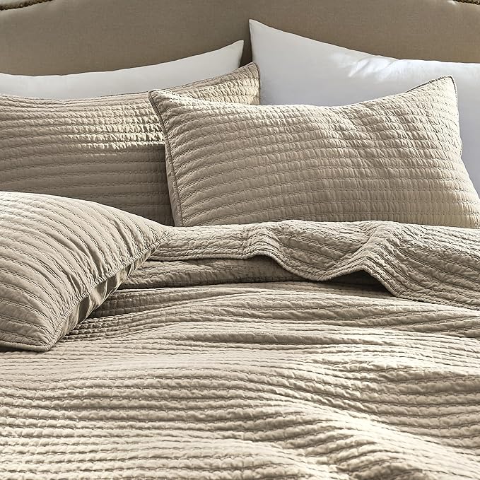 WDCOZY 100% Cotton King Size Quilt Set - Beige Neutral Striped Pick Stitch Soft Lightweight Bedspread, Textured Like Linen, Farmhouse Country Rustic Coverlet, Shabby Chic Gauze Bedding, 3 Pieces