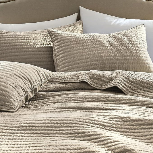 WDCOZY 100% Cotton King Size Quilt Set - Beige Neutral Striped Pick Stitch Soft Lightweight Bedspread, Textured Like Linen, Farmhouse Country Rustic Coverlet, Shabby Chic Gauze Bedding, 3 Pieces