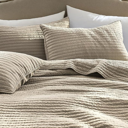 WDCOZY 100% Cotton Queen Size Quilt Set - Beige Neutral Striped Pick Stitch Soft Lightweight Bedspread, Textured Like Linen, Farmhouse Country Rustic Coverlet, Shabby Chic Gauze Bedding, 3 Pieces