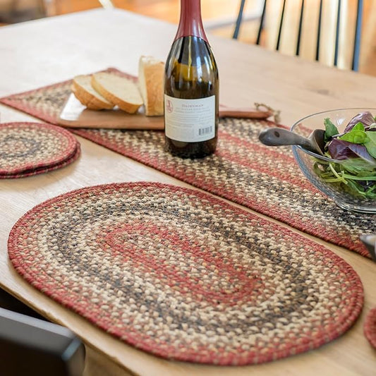 Homespice Chester Jute Braided Placemats, Warm Lodge and Cabin Decor, Set of 4, Red 13x19 Oval Table Mats - Vibrant Colors, Durable, Easy to Clean and Protects Furniture