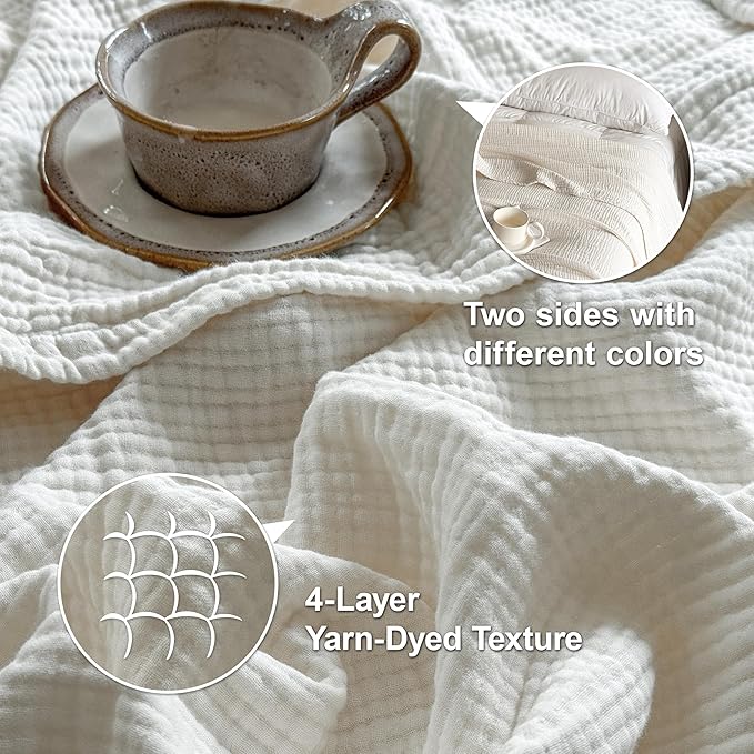 Simple&Opulence 100% Cotton Muslin Blanket Twin Size, Lightweight Breathable 4 Layering Gauze Blanket for Bed Couch Camping, Soft Bedspread Coverlet All-Season Use (Off White, 68"x86")