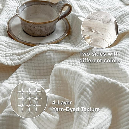 Simple&Opulence 100% Cotton Muslin Blanket Twin Size, Lightweight Breathable 4 Layering Gauze Blanket for Bed Couch Camping, Soft Bedspread Coverlet All-Season Use (Off White, 68"x86")
