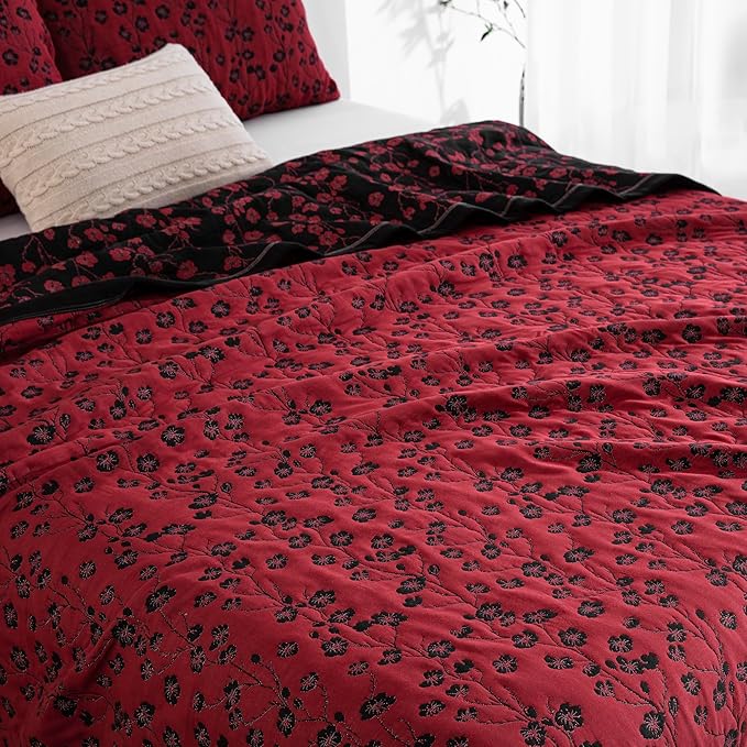 100% Cotton Muslin Jacquard 2 Piece Quilt Set Floral Plum Blossom Print, Soft 3 Layers Gauze Bed Cover Reversible Bedspread Coverlet Breathable Lightweight Bedding Set, Twin