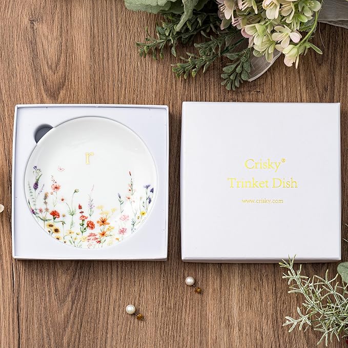 Crisky Initial Jewelry Tray Ring Dish & Gift Box, Ceramic Flower Trinket Dish for Rings Earrings Necklaces Keys, Bridal Shower Engagement Birthday Gift for Women, Friends 4.57" (Gold Foil R