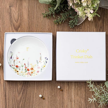 Crisky Initial Jewelry Tray Ring Dish & Gift Box, Ceramic Flower Trinket Dish for Rings Earrings Necklaces Keys, Bridal Shower Engagement Birthday Gift for Women, Friends 4.57" (Gold Foil R