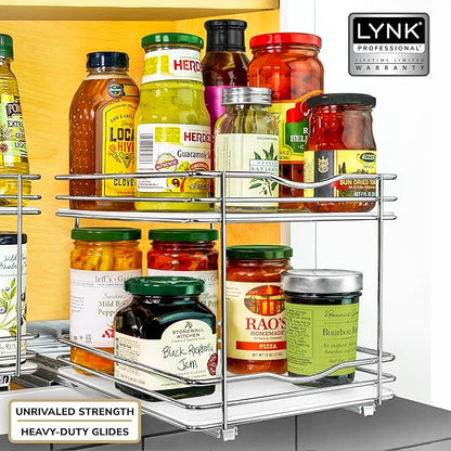 LYNK PROFESSIONAL® Pull Out Spice Rack Organizer for Inside Kitchen Cabinets - 8-3/8 inch Wide - Slide Out Drawer – Chrome Sliding Spice Cabinet Organization Shelf Racks - 2 Tier