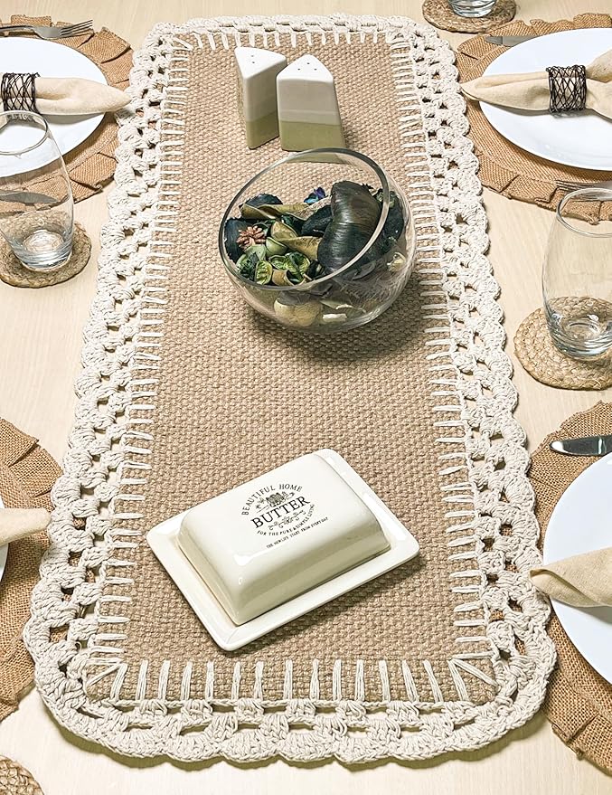 Chardin Home Woven Jute with Ivory Handcrafted Crochet Border Decorative Table Runner, 13x36 Inch, Artisanally Crafted Rustic Farmhouse Table Topper, Perfect for Tables