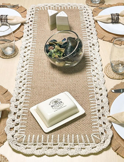 Chardin Home Woven Jute with Ivory Handcrafted Crochet Border Decorative Table Runner, 13x36 Inch, Artisanally Crafted Rustic Farmhouse Table Topper, Perfect for Tables