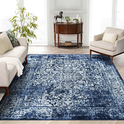 vivorug 5x7 Area Rugs, Stain Resistant Washable Rug for Living Room, Vintage-Inspired (Navy Blue, 5'x7')
