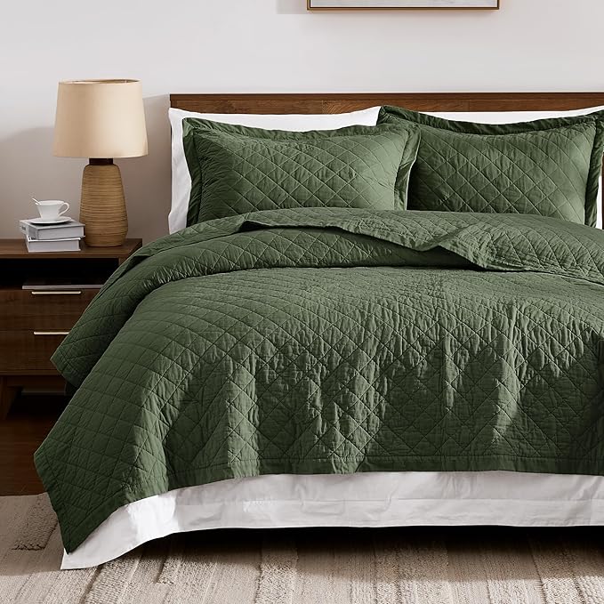 WDCOZY 100% Pre-Washed Cotton King Size Quilt Set - Olive Green Ruffle Box Soft Lightweight Bedspread, Textured Like Linen, Farmhouse Country Rustic Coverlet, Shabby Chic Gauze Bedding, 3 Pieces
