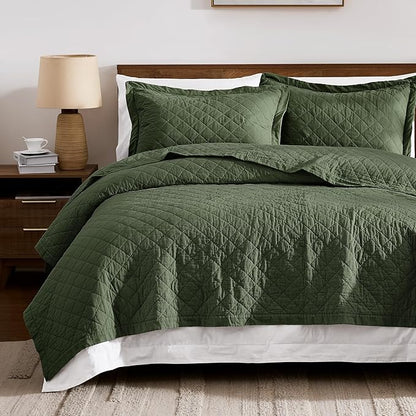 WDCOZY 100% Cotton Oversized King Size Quilt Set - Olive Green California Cal King Soft Lightweight Bedspread, Textured Like Linen, Farmhouse Country Rustic Coverlet, Diamond Stitch Bedding