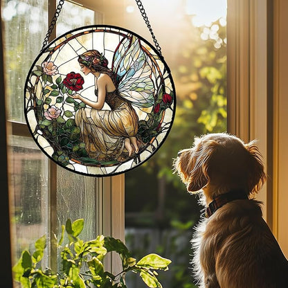 Stained Glass Window Hanging - Butterfly Flower Fairy Suncatcher for Door Terrace Garden Home Decor Yellow Green Plants Sun Catcher Birthday Gifts for Lovers Women Men Dad Mom Nana 9.8 in