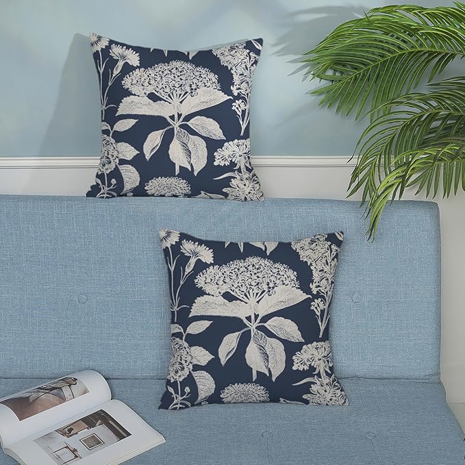 Blue Pillow Covers 20x20 Set of 2 Boho White Floral Throw Pillows Hydrangea Herbs Botanical Decoration Pillowcase Linen Farmhouse Vintage Flower Cushion Case Outdoor Decorative for Couch Sofa