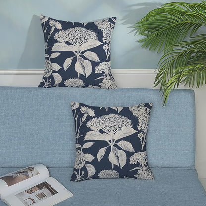 Blue Pillow Covers 18x18 Set of 2 Boho White Floral Throw Pillows Hydrangea Herbs Botanical Decoration Pillowcase Linen Farmhouse Vintage Flower Cushion Case Outdoor Decorative for Couch Sofa