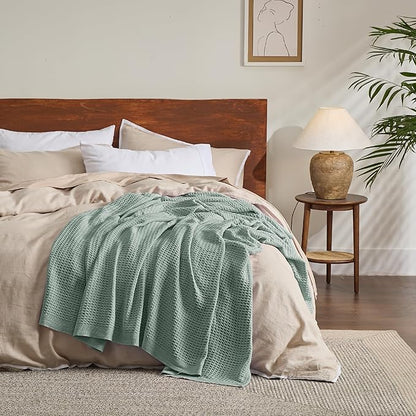 Bedsure Gentlesoft 100% Cotton Large Throw Blanket for Couch 50x70 inches - Breathable and Soft, Waffle Weave Throw Blanket for Office, Sage Green