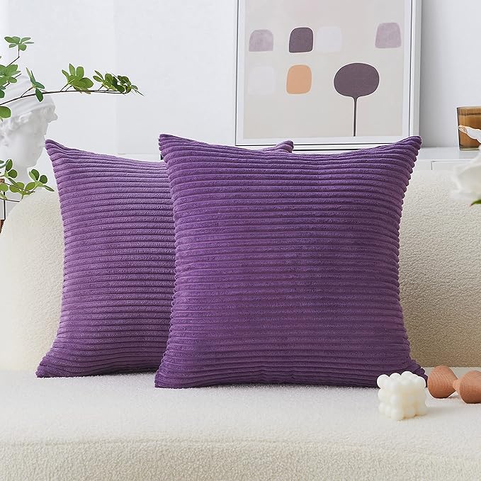 Home Brilliant Purple Pillow Covers 18x18 Striped Velvet Corduroy Decorative Throw Pillow Covers Set of 2 Throw Pillows for Couch Chair, 18 x 18 inch, Eggplant
