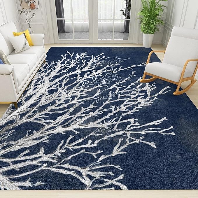 Nautical Coral Reef Area Rug, Beach Ocean Navy Blue Large Outdoor Carpet, Indoor Non-Slip Kids Rugs, Machine Washable Breathable Durable Carpet for Front Entrance Floor Decor,2 x 6ft