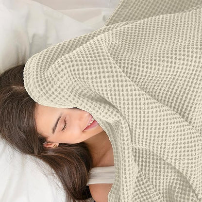 100% Cotton Waffle Blankets for Bed - Throw (50" x 60") Lightweight, Breathable and Soft, Waffle Weave Blanket for All-Season - Summer, Spring, Winter (Beige)