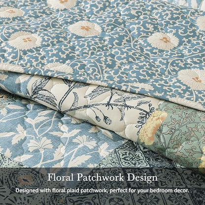 CASAAGUSTO Queen Quilt Set - 3 Pieces Patchwork Green Quilt Bedding Set, Lightweight Queen Bedspread Coverlet, Reversible Floral Bed Cover for All Seasons (90"x94", 1 Quilt + 2 Pillow Shams)