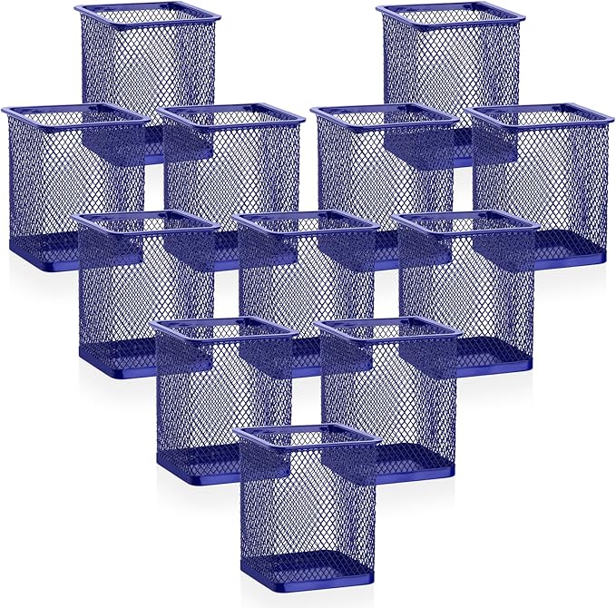 Segarty Pen Cup Holder, 12 Pack Square Dark Blue Pen Holder for Desk, Cute Metal Mesh Pencil Cups Container Marker Organizer Set for Office Supply, School Classroom, Home Desktop, Makeup Brush Storage