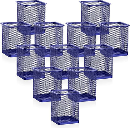 Segarty Pen Cup Holder, 12 Pack Square Dark Blue Pen Holder for Desk, Cute Metal Mesh Pencil Cups Container Marker Organizer Set for Office Supply, School Classroom, Home Desktop, Makeup Brush Storage