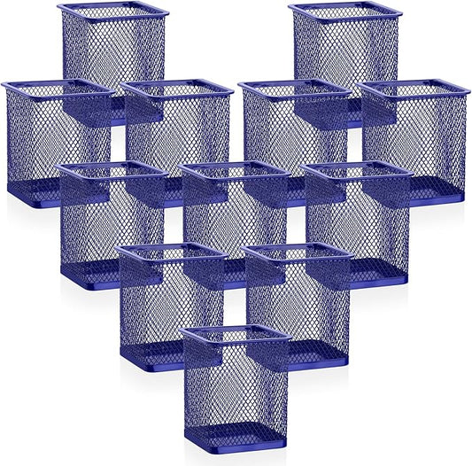 Segarty Pen Cup Holder, 12 Pack Square Dark Blue Pen Holder for Desk, Cute Metal Mesh Pencil Cups Container Marker Organizer Set for Office Supply, School Classroom, Home Desktop, Makeup Brush Storage