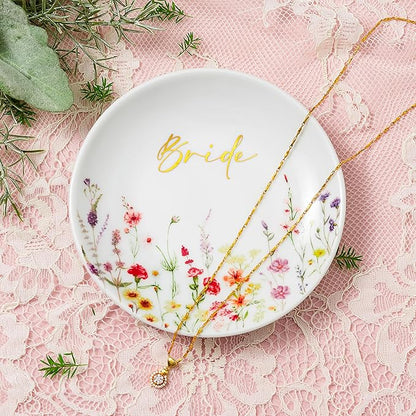 Crisky Bride Jewelry Ring Dish for Bridal Shower Wedding Gifts Engagement Gifts for Bride to Be Bachelorette Bridal Party, Fiance Gifts for Women Floral Trinket Tray
