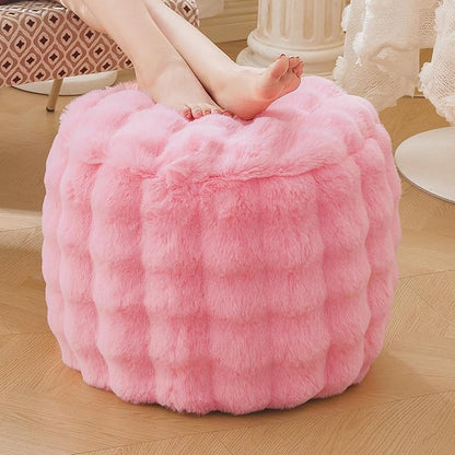 LIFEREVO Faux Rabbit Fur Round Inflatable Pouf Ottoman, 20" X 16" Plush Fuzzy Waffle Bubble Floor Poufs Foot Rest for Living Room Bedroom, Furry Pouf Chair Foot Stool Home Decor, Anti-Slip, Pink