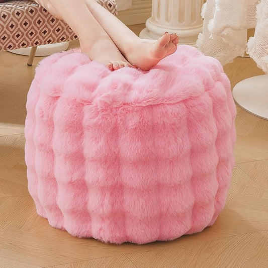 LIFEREVO Faux Rabbit Fur Round Inflatable Pouf Ottoman, 20" X 16" Plush Fuzzy Waffle Bubble Floor Poufs Foot Rest for Living Room Bedroom, Furry Pouf Chair Foot Stool Home Decor, Anti-Slip, Pink