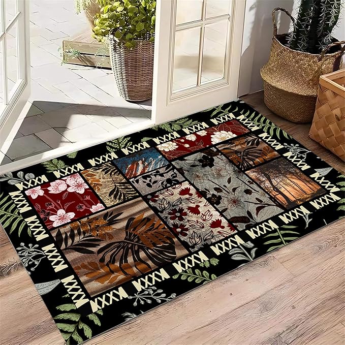 Jungle Floral Area Rugs 5x8ft, Tropical Leaf Print Washable Carpet, Non-Slip Soft Low Pile Accent Mat for Bedroom, Dining Room, Nursery, Playroom