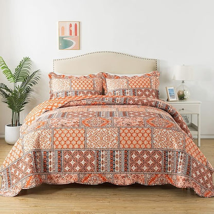 HoneiLife King Quilt Bedding Set - 3 Pieces Vintage Quilt Sets Microfiber Bedspreads Floral Coverlets Retro Bed Cover All Season Quilts-Pumpkin