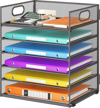 6 Tiers Letter Tray Paper Organizer With Handle, Mesh Desk File Organizer, Metal Desktop Document Shelf, Paper Sorter for Office, Home or School File Folder Holder - Grey