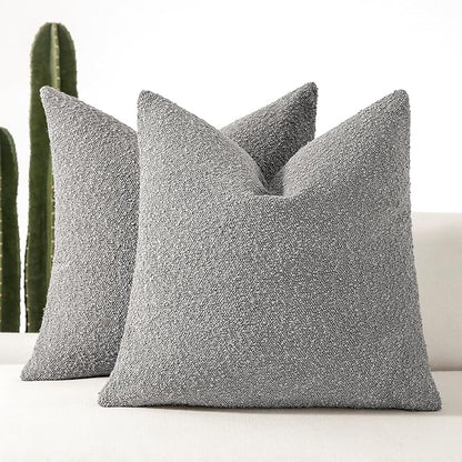 Boucle Decorative Throw Pillow Covers for Couch Set of 2, 18x18 inches, Light Grey