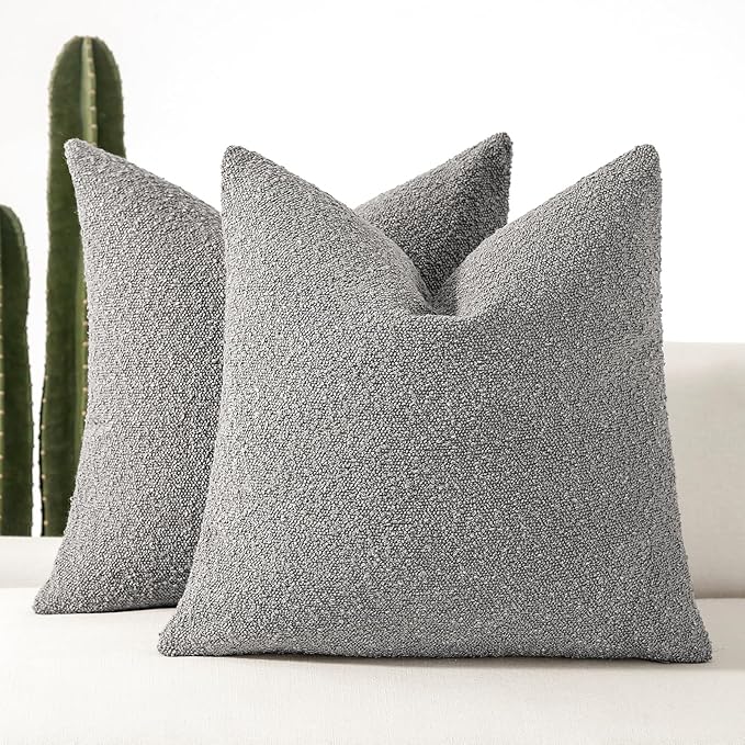 Boucle Decorative Throw Pillow Covers for Couch Set of 2, 20x20 inches, Light Grey