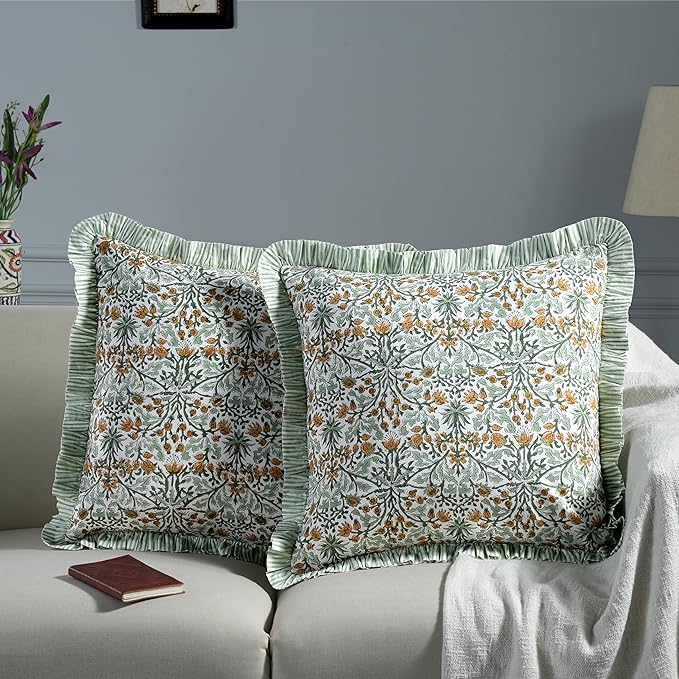 Ridhi Modern Farmhouse Pillow Covers Decorative Cotton Throw Pillow Covers Set of 2 Goldenrod Yellow Cushion Covers with Ruffle for Couch Sofa Bed Living Room Spring Home Decor 16x16