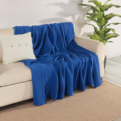 Muslin Blanket - Pure 100% Turkish Cotton Airy Soft Light Versatile Gauze Throw Blanket for Bed, Couch, Sofa (Blue, Throw Size (50" x 66" inch))