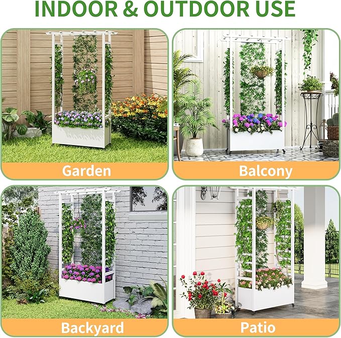 Raised Garden Bed with Trellis & Hanging Roof, Weatherproof Metal Planter Box with Wheels, Garden Arch Trellis for Outdoor Climbing Plants Vines Flowers, 74" H x 44" L x 17" W, White