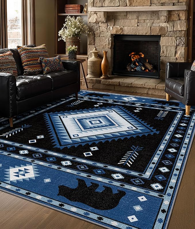Aztec Rug 3x5 - Southwestern Bear Cabin Area Rugs for Bedroom Living Room, Rustic Tribal Machine Washable | Non-Slip | Low Pile Carpets, Native American Home Decor (Blue White Black)