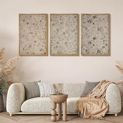 MUDECOR Framed Wall Art Print Set Vintage Floral Botanical in Neutral Tones Illustrations Realism Decorative for Living Room, Bedroom, Office - 24"x36"x3 Natural