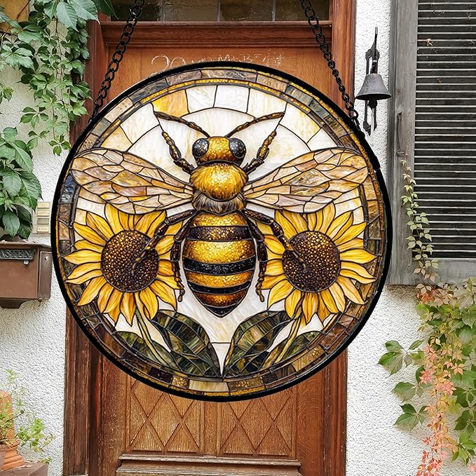 DASTOLL Stained Glass Window Hanging - Bee Sunflower Yellow Suncatcher Ready to Hang Window Doors Home Decoration and Christmas, Mother's Day Birthday Gifts for Women, Men, and Mom 14.9x14.9 in
